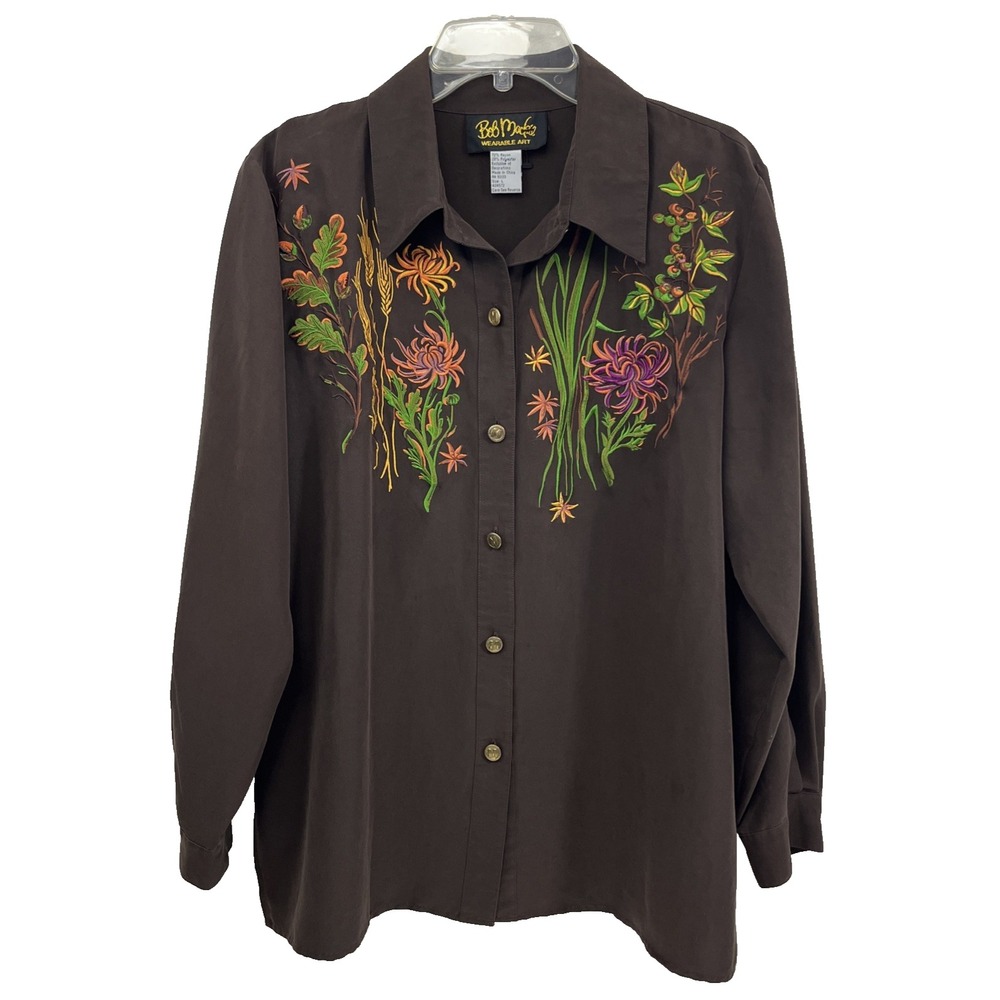 Bob Mackie Wearable Art Women's Shirt Size L Brown Embroidered Floral Boho